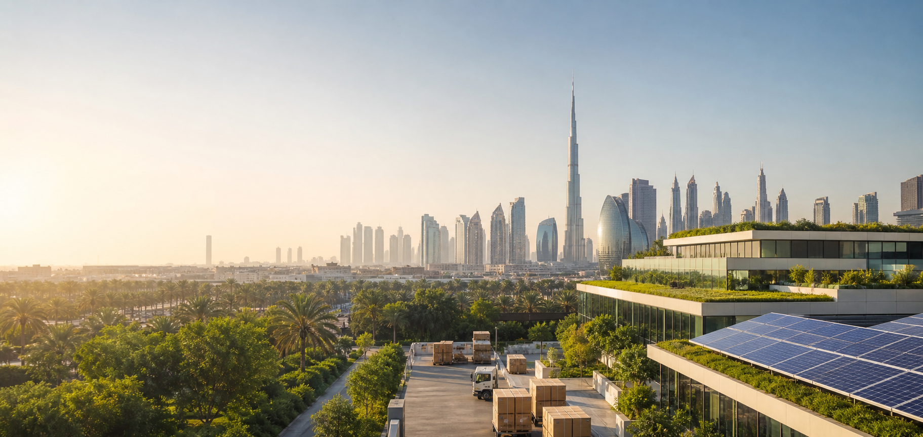 Sustainable green architecture in Dubai with solar panels and landscaped terraces